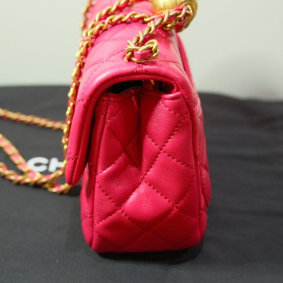 Chanel Quilted Lambskin Mini Square Flap with Pearl Crush Fuchsia Pink NWOT - Picture 7 of 16